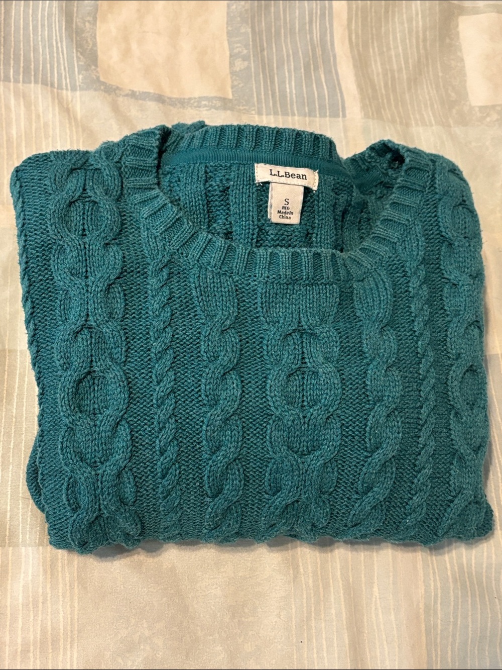 🟡 Women's L.L.Bean Double L 100% Cotton Cable Crewneck Sweater EUC Green Size S